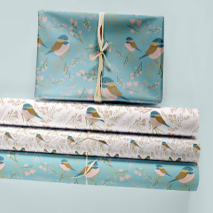 Chickadee And Floral Decoupage Wrapping Paper Sheet