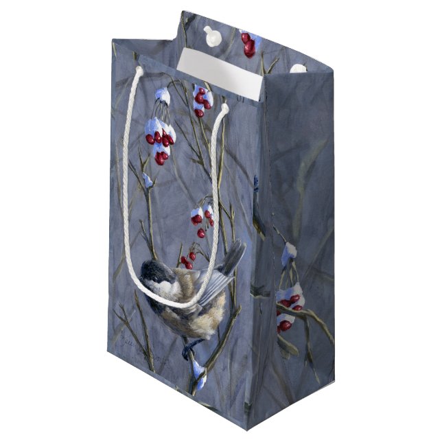 Chickadee & Berries Winter Snow Christmas Gift Bag (Front Angled)