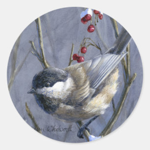 Chickadee & Berries Winter Snow Classic Round Sticker