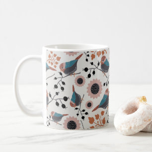 Chickadee Bird And Berry Floral Pattern Design Coffee Mug