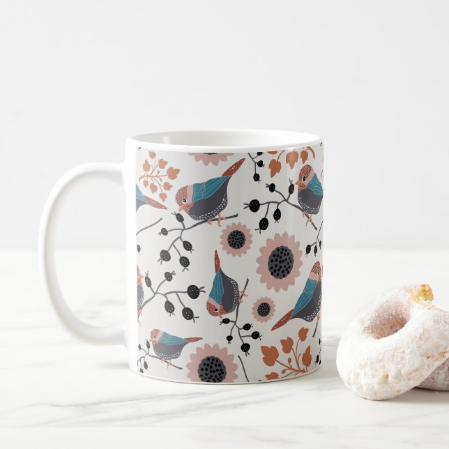 Chickadee Bird And Berry Floral Pattern Design Coffee Mug (With Donut)
