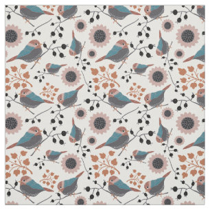 Chickadee Bird And Berry Pattern Floral Design Fabric