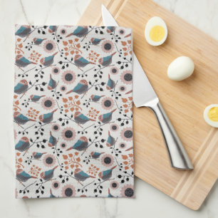 Chickadee Bird And Berry Pattern Floral Design Kit Tea Towel