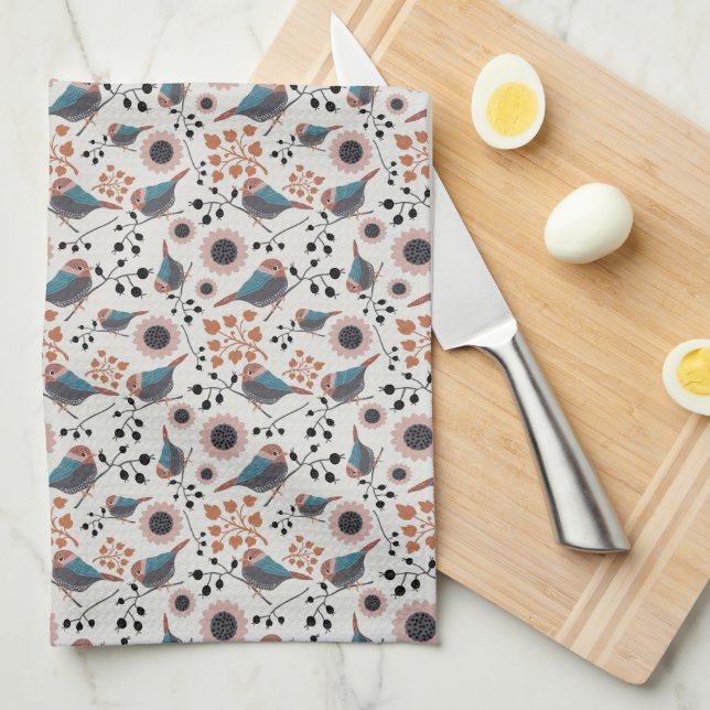 Chickadee Bird And Berry Pattern Floral Design Kit Tea Towel (Quarter Fold)