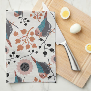 Chickadee Bird And Berry Pattern Floral Design Tea Towel