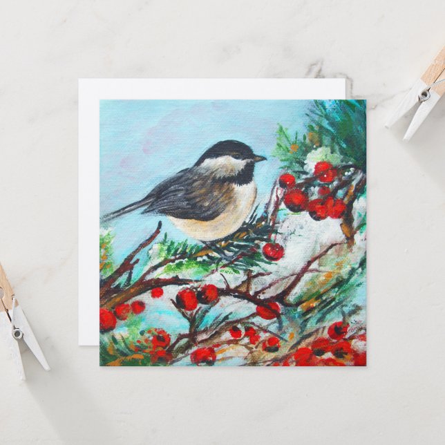 Chickadee Bird Berries Art Card (Front/Back In Situ)