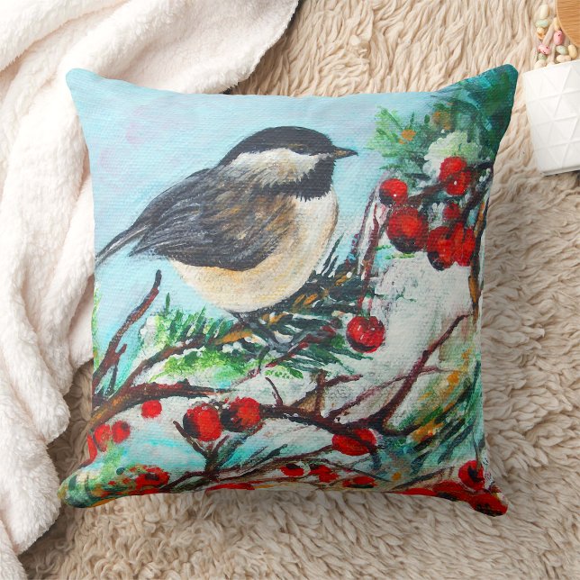 Chickadee Bird Berries Winter Art Cushion (Chickadee Bird Berries Winter Art Throw Pillow from Jenn's Emporium. )