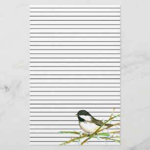 Chickadee Bird Catkins Willow Branches Lined Stationery