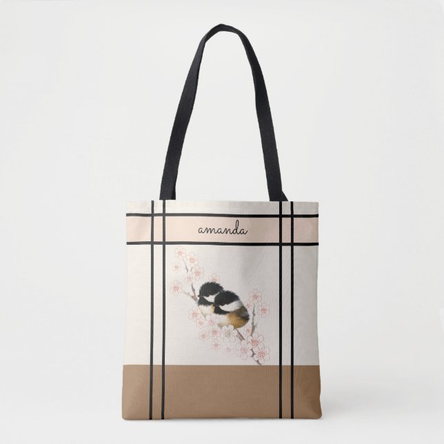 Chickadee Bird Cherry Blossom Tote Bag (Front)