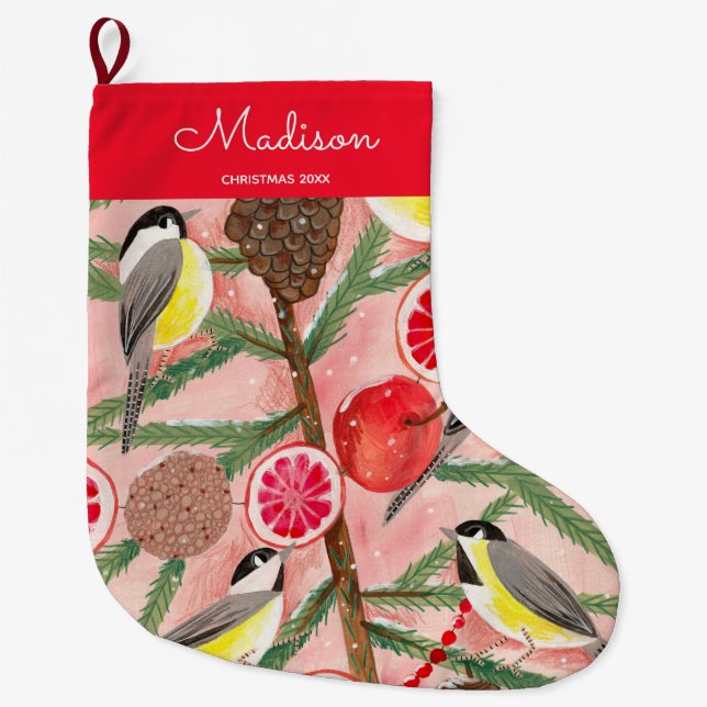 Chickadee bird Christmas Large Christmas Stocking (Front)