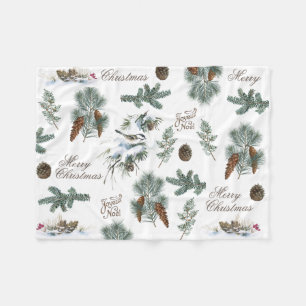 Chickadee Bird Evergreen Merry Christmas French Fleece Blanket