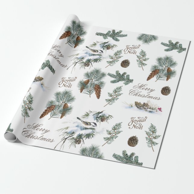 Chickadee Bird Evergreen Merry Christmas French Wrapping Paper (Unrolled)