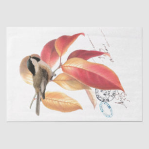 Chickadee Bird French Script Autumn Leaf Decoupage Tissue Paper