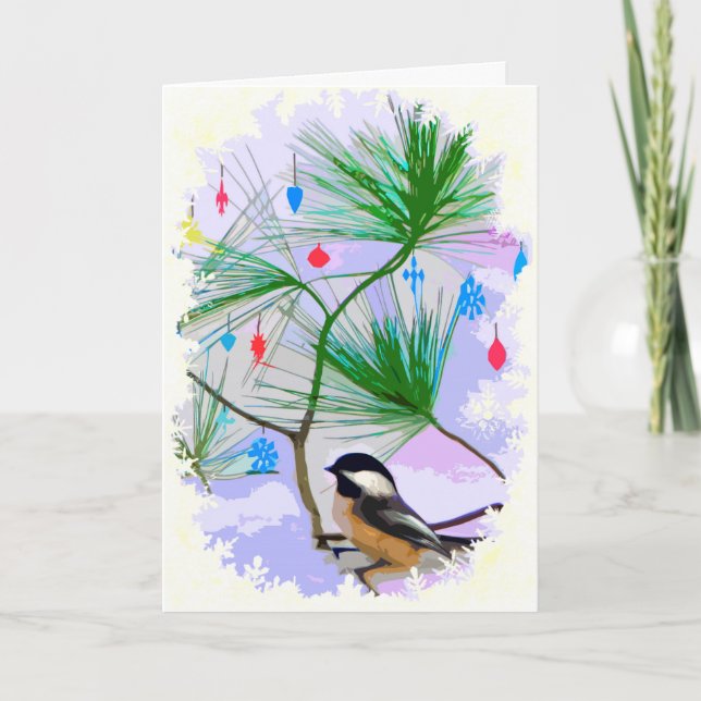 Chickadee Bird in Christmas Tree Card (Front)