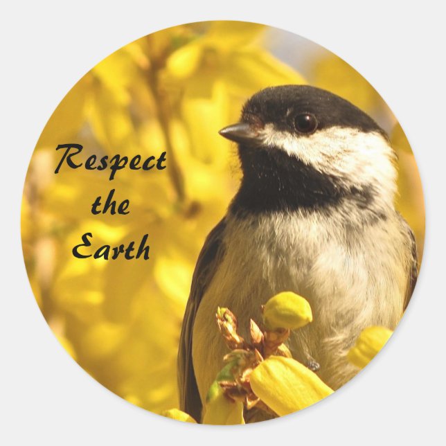 Chickadee Bird in Yellow Flowers Earth Day Sticker (Front)