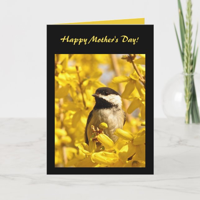 Chickadee Bird in Yellow Flowers Mothers Day Card (Front)