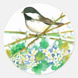 Chickadee Bird May Flower Catkins Willow Branches Classic Round Sticker