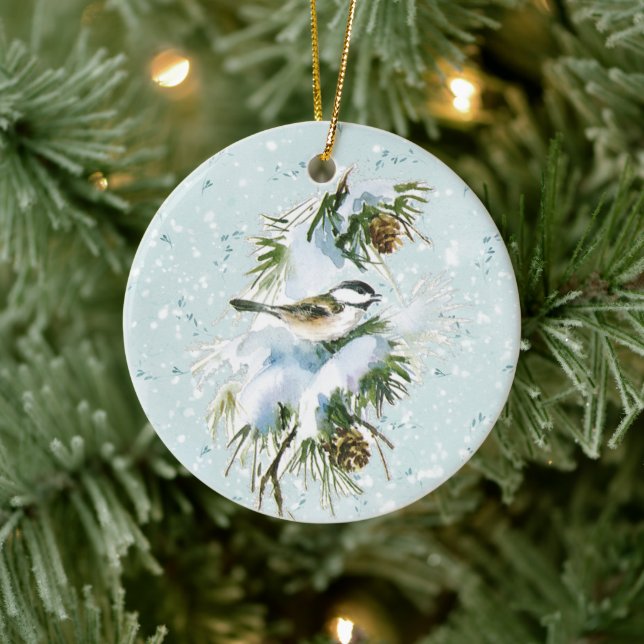 Chickadee Bird Pinecone Snow Winter Christmas Teal Ceramic Tree Decoration (Tree)