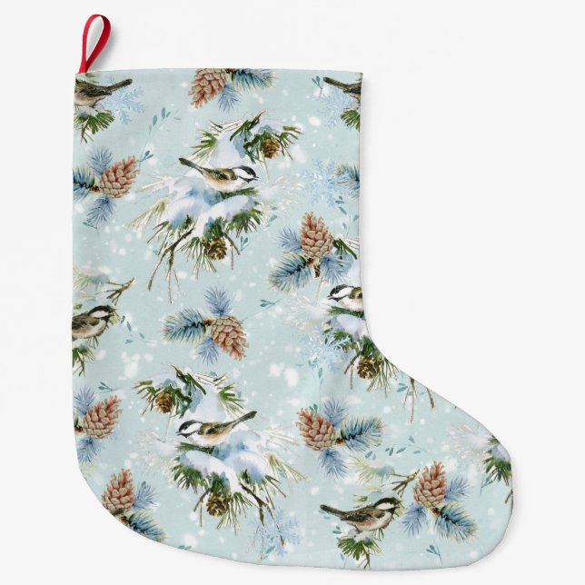 Chickadee Bird Pinecone Snow Winter Christmas Teal Large Christmas Stocking (Front)