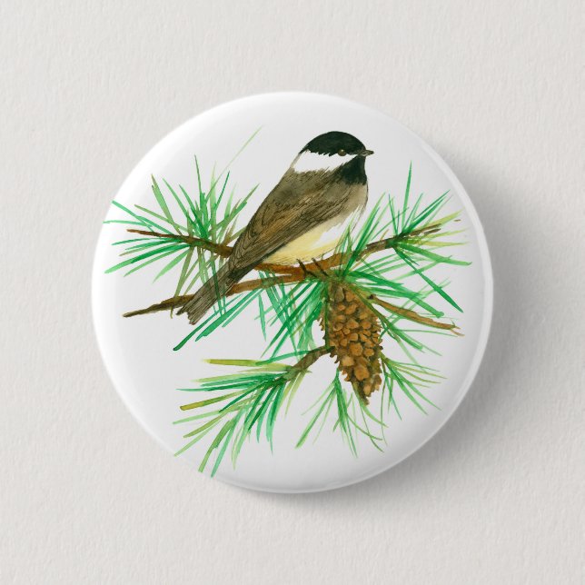 Chickadee Bird Pinecone Watercolor Tree 6 Cm Round Badge (Front)