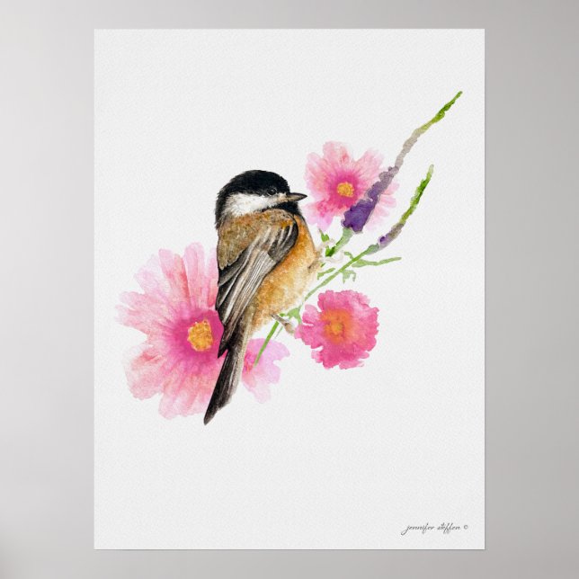 Chickadee Bird Pink Flowers Watercolor Art Poster (Front)