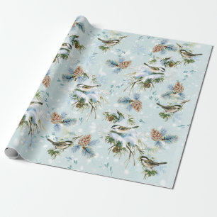 Chickadee Bird Snow Pinecone Woodland Christmas Wrapping Paper