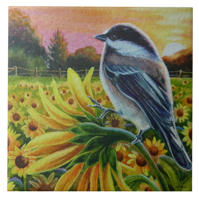 Chickadee Bird Sunflowers Farm Watercolor Art Tile (Front)