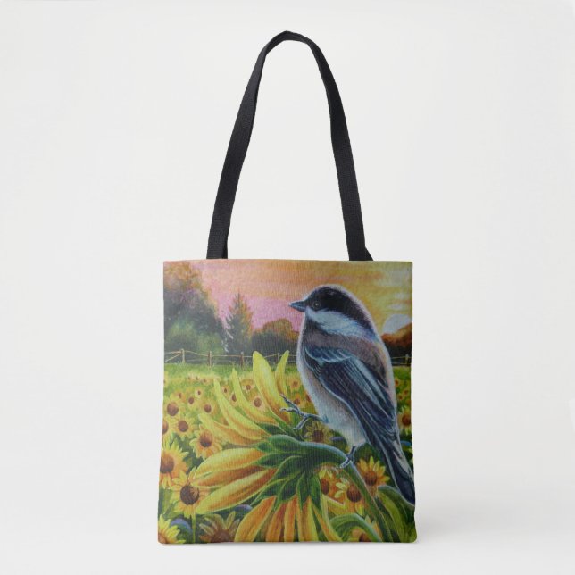 Chickadee Bird Sunflowers Farm Watercolor Art Tote Bag (Front)