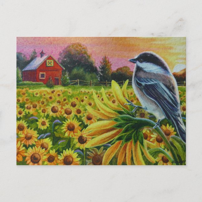 Chickadee Bird Sunflowers Red Barn Watercolor Art Postcard (Front)