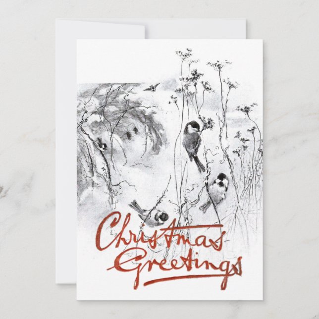 Chickadee Bird Vintage Sketch Christmas Greetings  Holiday Card (Front)
