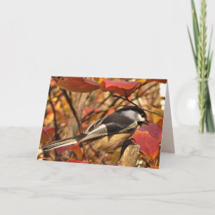 Chickadee Bird with Pink Autumn Leaves Birthday Card