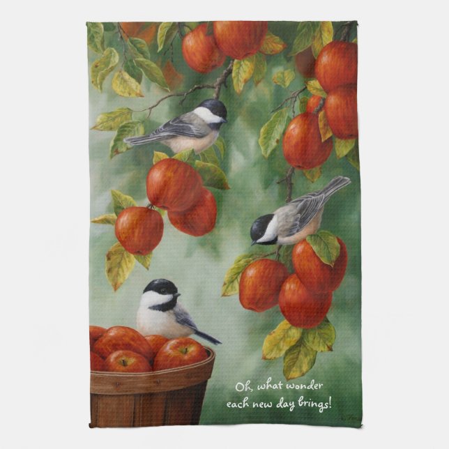 Chickadee Birds Apple Harvest Tea Towel (Vertical)