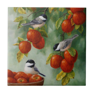 Chickadee Birds Apple Harvest Tile