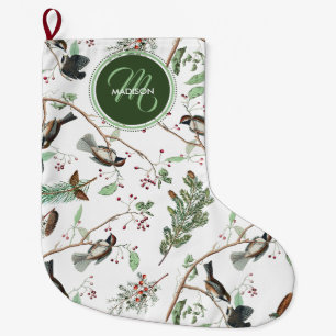 Chickadee Birds Berries & Pinecones Monogrammed Large Christmas Stocking