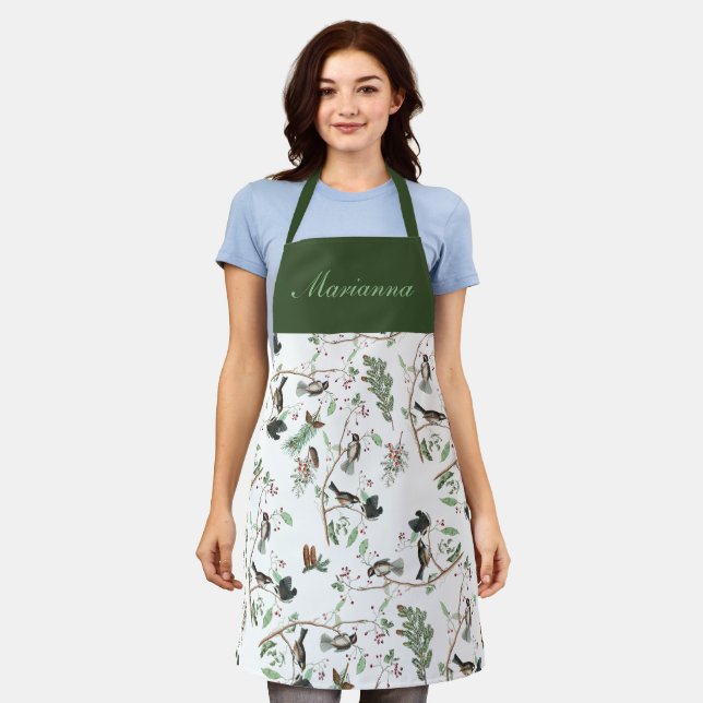 Chickadee Birds Berries & Pinecones Watercolor  Apron (Worn)