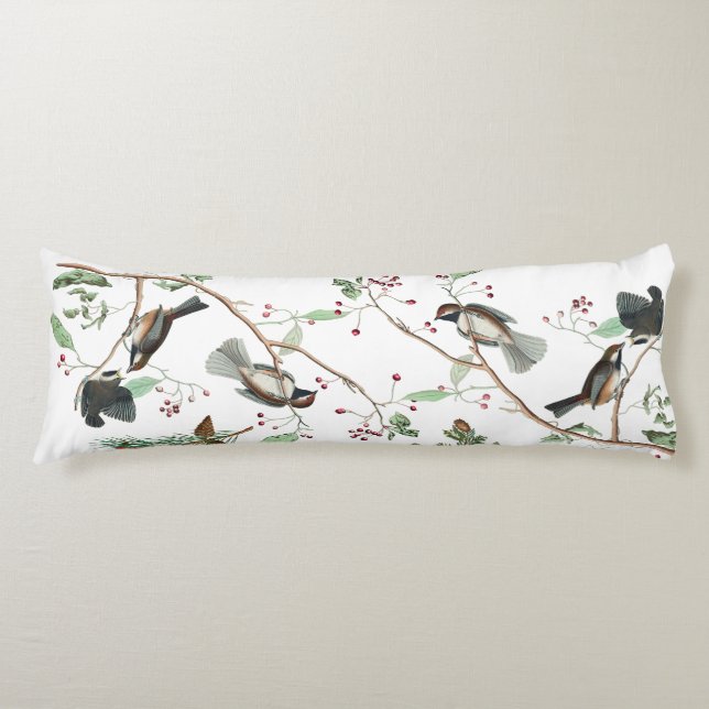 Chickadee Birds Berries & Pinecones Watercolor  Body Cushion (Front)