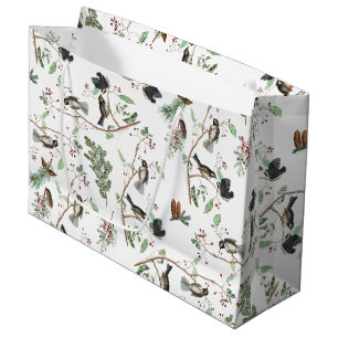 Chickadee Birds Berries & Pinecones Watercolor  Large Gift Bag