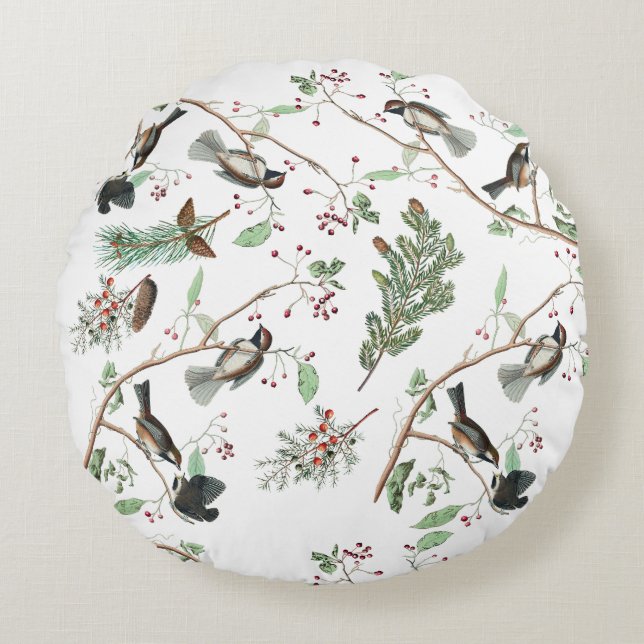 Chickadee Birds Berries & Pinecones Watercolor  Round Cushion (Front)