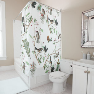 Chickadee Birds Berries & Pinecones Watercolor  Shower Curtain