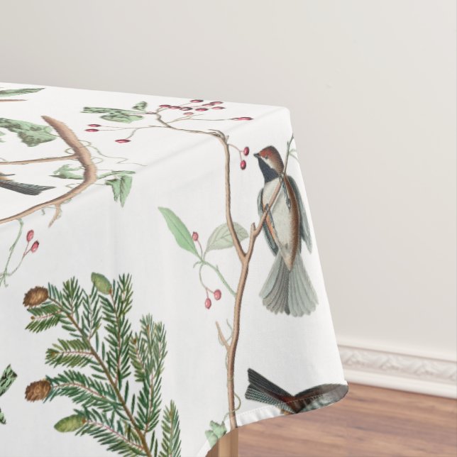 Chickadee Birds Berries & Pinecones Watercolor  Tablecloth (In Situ)