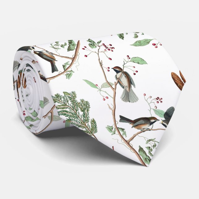 Chickadee Birds Berries & Pinecones Watercolor  Tie (Rolled)