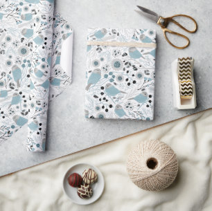 Chickadee Birds Cute Blue Gray Flowers Berries Wrapping Paper
