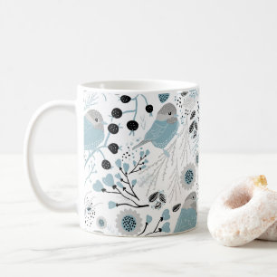 Chickadee Birds Cute Blue Grey Flowers Berries Coffee Mug
