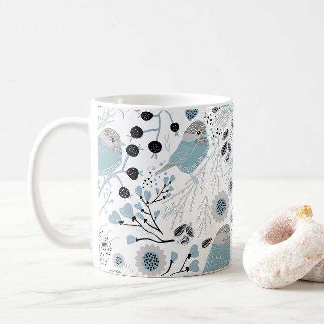 Chickadee Birds Cute Blue Grey Flowers Berries Coffee Mug (With Donut)