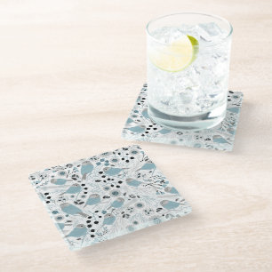 Chickadee Birds Cute Blue Grey Flowers Berries Glass Coaster