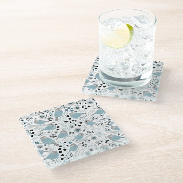 Chickadee Birds Cute Blue Grey Flowers Berries Glass Coaster (Angled)