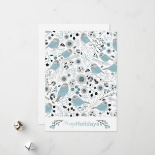 Chickadee Birds Cute Blue Grey Flowers Berries Holiday Card