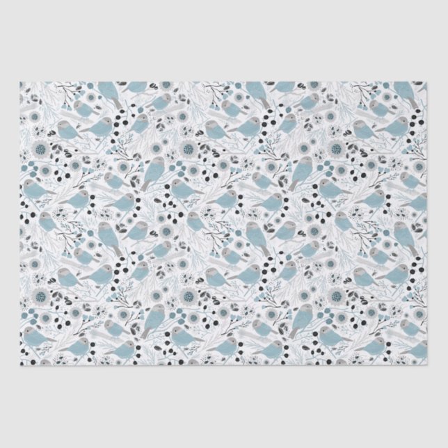 Chickadee Birds Cute Blue Grey Flowers Berries Tissue Paper (Front)