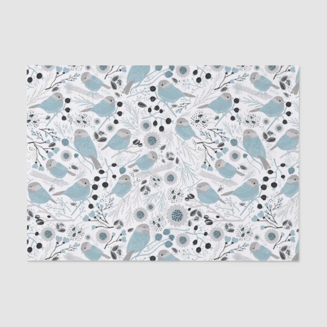 Chickadee Birds Cute Blue Grey Flowers Berries Tissue Paper (Front)