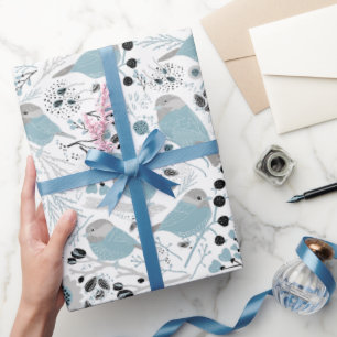 Chickadee Birds Cute Blue Grey Flowers Berries Wrapping Paper